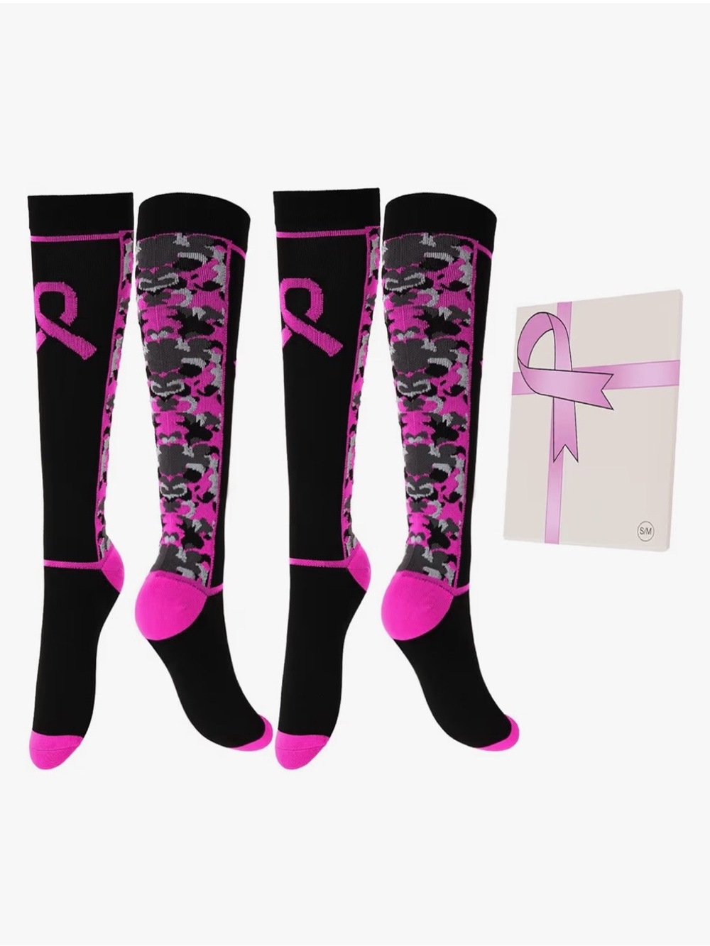 FLPYARD Black & Hot Pink Breast Cancer Awareness Knee-High Socks (2 Pairs)